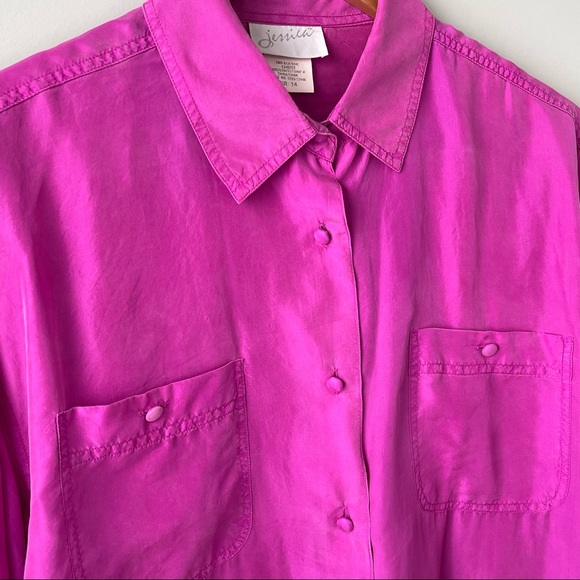 Vintage 100% Silk Bright Fushia Pink Button Down Long Sleeve Blouse Shirt Tunic - Picture 4 of 7